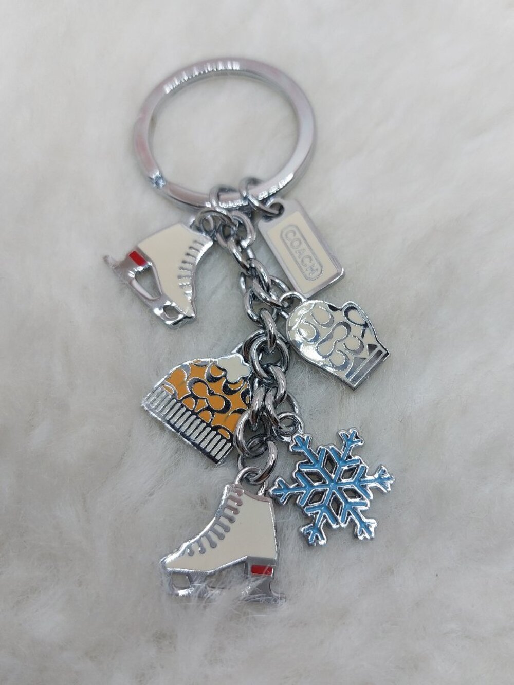 Coach Multicolor Winter Skating Snowflake Enamel & Silver Spilt Ring Key Chain